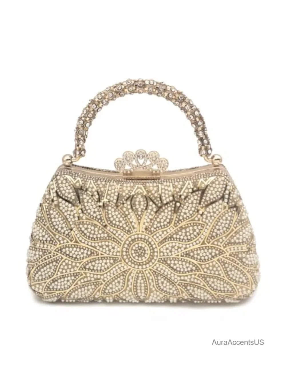 Double Sided Floral Rhinestone Pearl Clutch Detachable Chain Crown Lock Evening
